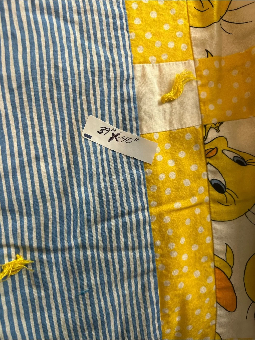 Yellow Tweety Patchwork Baby Quilt with Blue Stripe Border